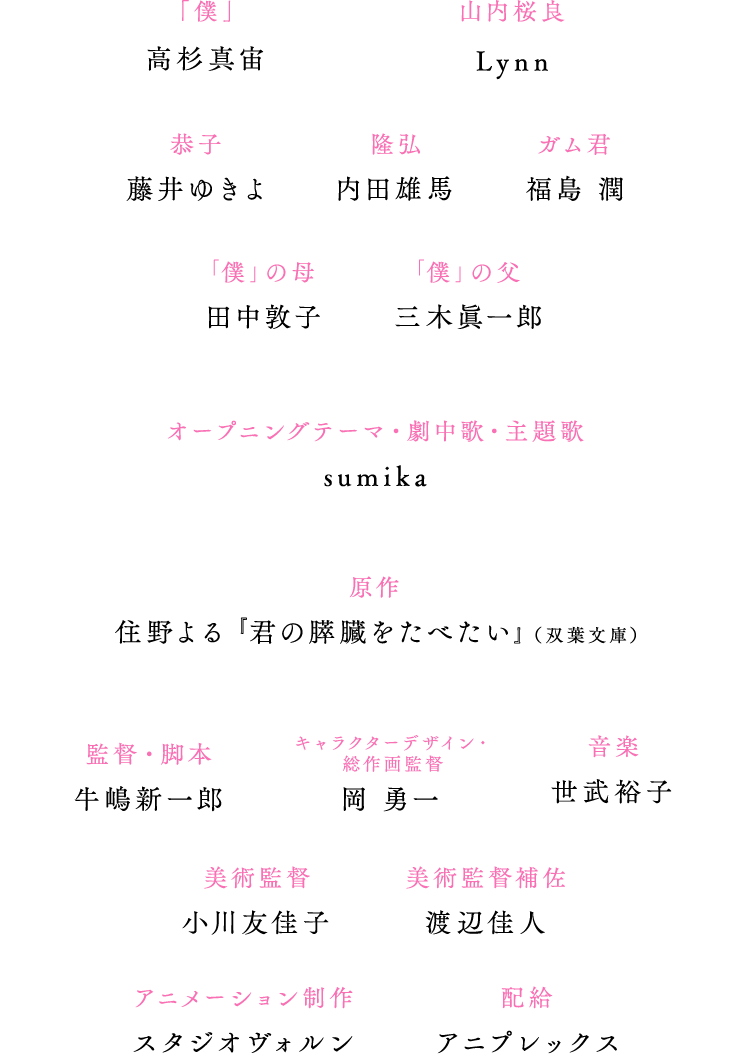 「僕」:高杉真宙/山内桜良:Lynn/恭子:藤井ゆきよ/隆弘:内田雄馬/ガム君:福島潤/「僕」の母:田中敦子/「僕」の父:三木眞一郎/オープニングテーマ・劇中歌・主題歌:sumika/原作:住野よる『君の膵臓をたべたい』(双葉社 刊)/監督・脚本:牛嶋新一郎/キャラクターデザイン・総作画監督:岡勇一/音楽:世武裕子/アニメーション制作:スタジオヴォルン/配給:アニプレックス