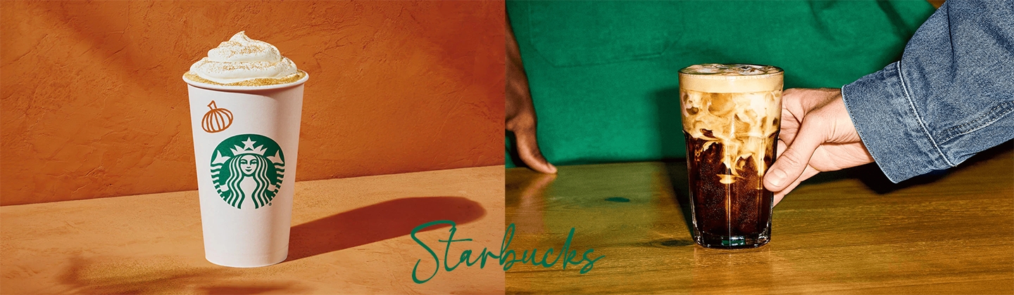 Image of promotions and products offered at Starbucks